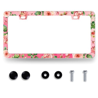 Stainless Steel Rose Pink Floral Flower License Plate Frame 12.3 x 6.3 Incj (Watercolor Roses Pink Floral)