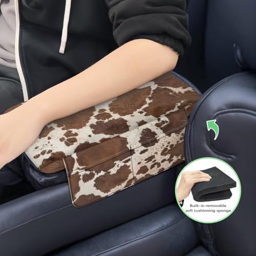 Brown Beige Cow Print Car Center Console Pad Comfortable Armrest Box Protector Soft Hand Rest Pillow for Car Seat Organizer Arm Rest Cushion Protective Cover Automobile Decor (Brown Beige Cow Print)