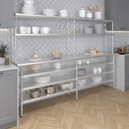 18" x 96" Stainless Steel Work Table with 3 Shelves and 12" Wide Double Tier Overshelf (18" x 96" Table with 3 Shelves + 12" Overshelf)