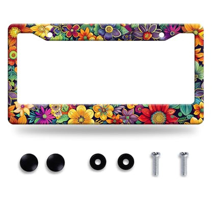 Bright Flowers License Plate Frame Stainless Steel Accessory12.3 x 6.3" (Bright Flowers Colorful Floral)