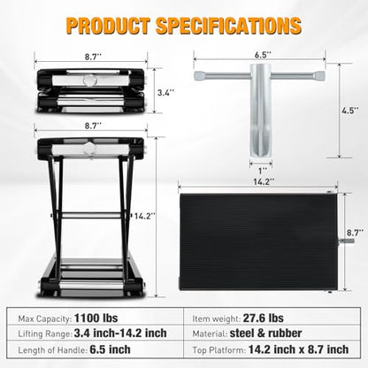 Motorcycle Lift Jack 1100 LBS Motorcycle Scissor Jack Stand Lift with Wide Deck Crank Handle 3.4" (Black)
