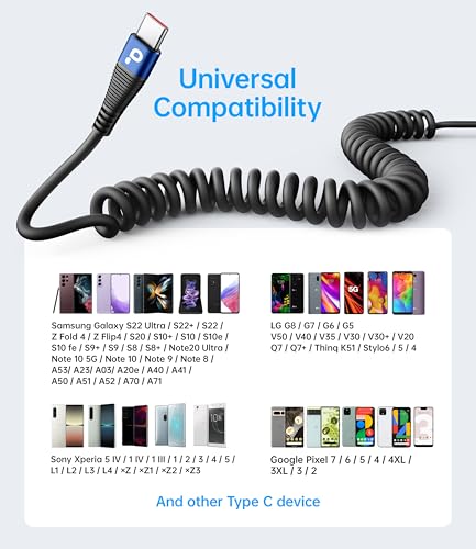 USB C Cable 100W 3FT Coiled USB C to USB C Charger Cable for Car (3FT / USB C to USB C / Blue)