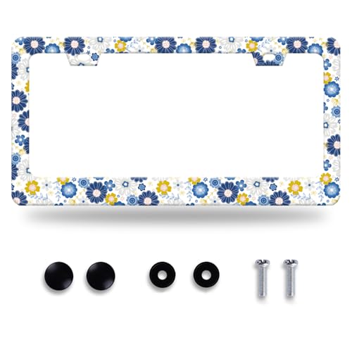 White Blue Hippie Flowers License Plate Frame Colorful Floral License Plate Holder Funny Car Accessory Decoration 12.3"x6.3" for Women (White Blue Hippie Flowers)