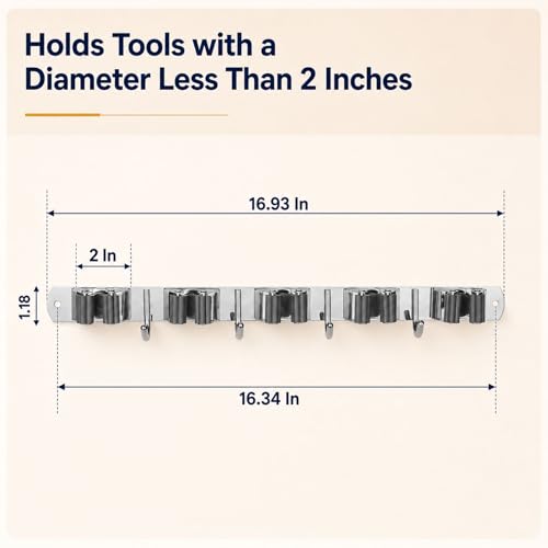 5 Racks and 4 Hooks Mop and Broom Holder Wall Mount (5 Racks 4 Hooks / Silver)