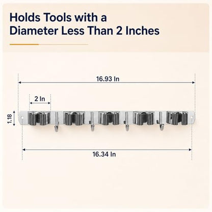5 Racks and 4 Hooks Mop and Broom Holder Wall Mount (5 Racks 4 Hooks / Silver)