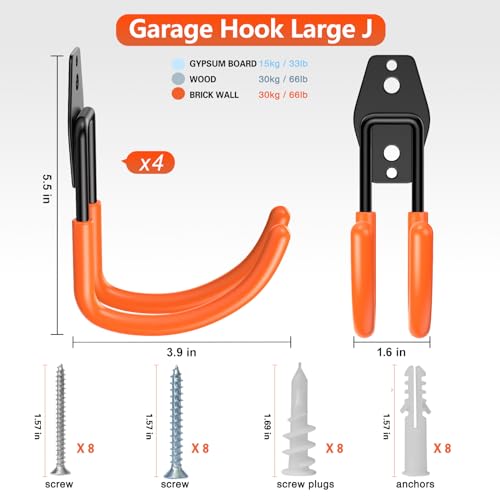 Heavy Duty Garage Hooks 4 Pack (3.9inch J Hook / Orange Large J Hooks)
