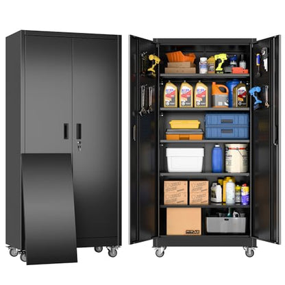 Garage Storage Cabinet with Wheels & Pegboard Doors (Black / 18"D x 34"W x 71"H)