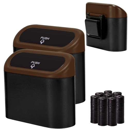 2 Pack Mini Car Trash Can with Lid (Black/Brown)