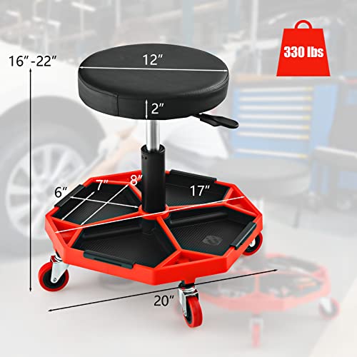 Rolling Mechanic Stool with Removable Tool Tray & Padded Cushion (Bottom Tool Tray / Red)