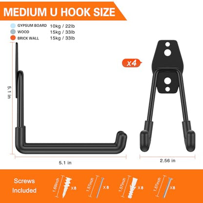 Garage Hooks Heavy Duty 4 Pack (5.1inch U Hook / Black Medium U Hook)