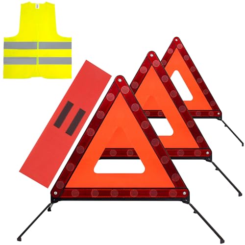 3PACK Car Warning Triangle Heavy Reflective Warning Road Safety Triangle Kit Suitable for car Breakdown and Temporary Parking on the Road (Red-S-3)