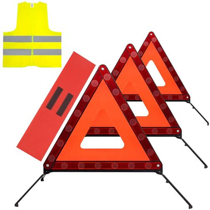 3PACK Car Warning Triangle Heavy Reflective Warning Road Safety Triangle Kit Suitable for car Breakdown and Temporary Parking on the Road (Red-S-3)
