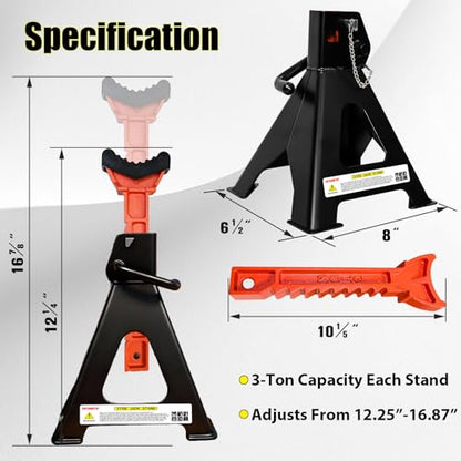 Jack Stands 3 Ton (3 Ton Double Pin Locking with Rubber Pads / Black+Orange)