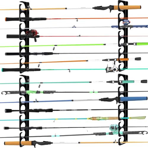 Wall or Ceiling Fishing Rod Storage Rack Vertical Horizontal Holder with 16 Capacity Fishing Rods Reels Mounted Roof Carrier Hooks Hanger for Garage Cabin and Basement Gear Accessories (Store 16 Rods)