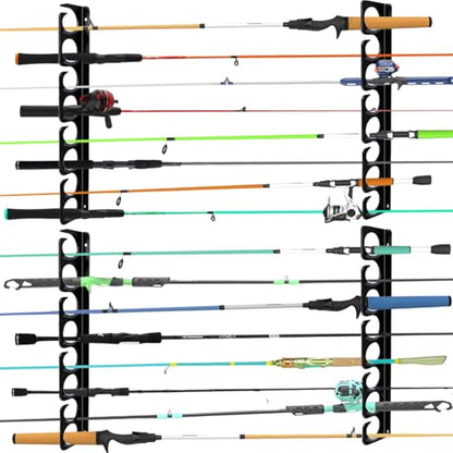 Wall or Ceiling Fishing Rod Storage Rack Vertical Horizontal Holder with 16 Capacity Fishing Rods Reels Mounted Roof Carrier Hooks Hanger for Garage Cabin and Basement Gear Accessories (Store 16 Rods)