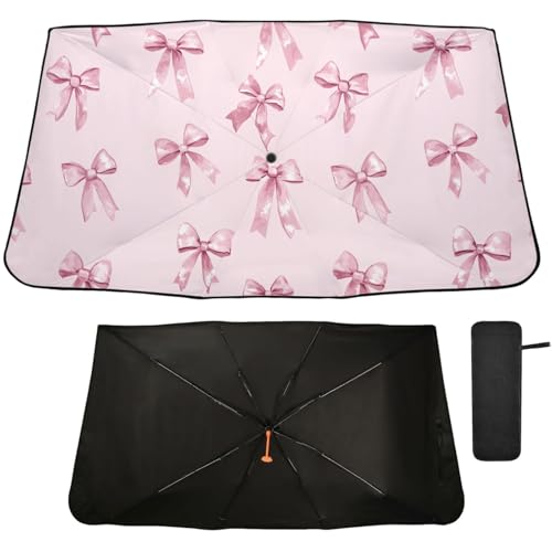 Windshield Sun Shade Umbrella Pink Bows Printed Foldable Car Front Window Sunshade Blocks UV Rays Heat Keep Vehicle Cool 55"x27.5" (multi 21)