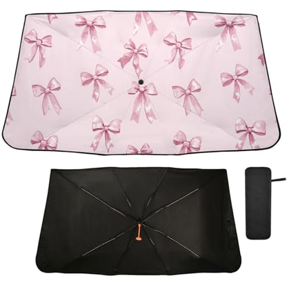 Windshield Sun Shade Umbrella Pink Bows Printed Foldable Car Front Window Sunshade Blocks UV Rays Heat Keep Vehicle Cool 55"x27.5" (multi 21)