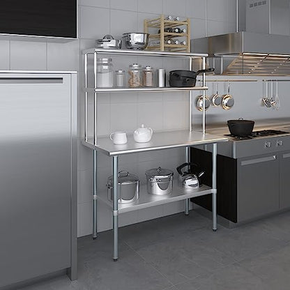 Stainless Steel Work Table Wide Double Tier Overshelf (24" x 48" Work Table + 12" Overshelf)