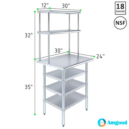 24" x 30" Stainless Steel Work Table with 3 Shelves and 12" Wide Double Tier Overshelf (24" x 30" Table with 3 Shelves + 12" Overshelf)