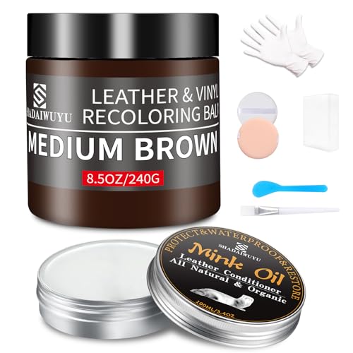 8.5oz Leather Recoloring Balm with 100ml Mink Oil (Medium Brown / Leather Recoloring Balm+Mink Oil)