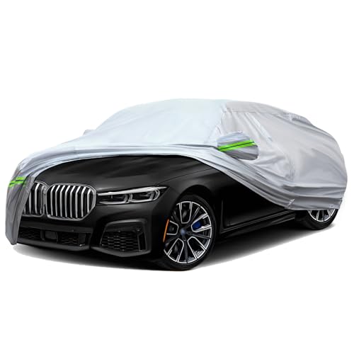 6 Layers Premium Full Car Cover Hard Shell Zipper Design Waterproof All Weather Weatherproof UV Sun Protection Snow Dust Storm Resistant Outdoor with Straps (Green reflective strip / Sedan-2XL ( Fit for Sedan 205"- 216" ))