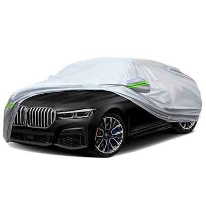 6 Layers Premium Full Car Cover Hard Shell Zipper Design Waterproof All Weather Weatherproof UV Sun Protection Snow Dust Storm Resistant Outdoor with Straps (Green reflective strip / Sedan-2XL ( Fit for Sedan 205"- 216" ))