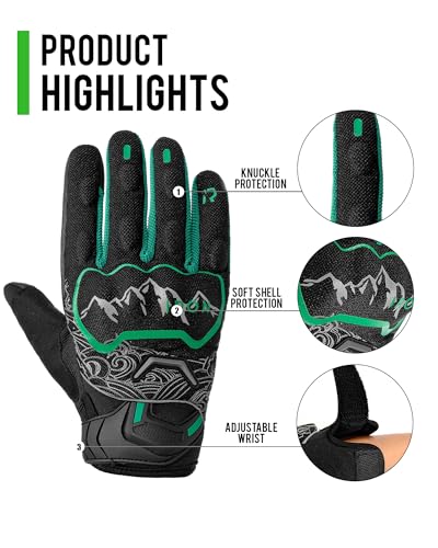 Motorcycle Gloves Motorbike Glove for Men Women Full Finger Knuckle Protection Touch Screen Cycling ATV Hiking Riding (Large / mountain-Green)