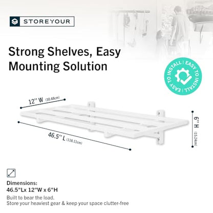 Garage Wall Shelf (White / 1x4ft 2-Pack Shelf | 200lb Each | 6 Hooks)