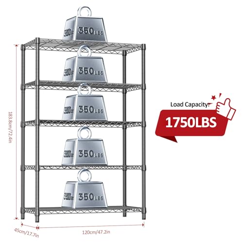 5 Tier Heavy Duty Metal Storage Shelving Unit (5 Tier, 17.7" D x 47.2" W x 72.3" H / Black)
