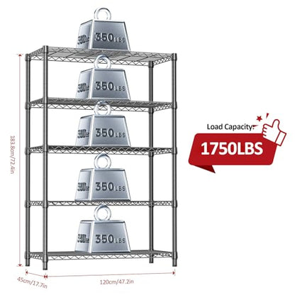 5 Tier Heavy Duty Metal Storage Shelving Unit (5 Tier, 17.7" D x 47.2" W x 72.3" H / Black)