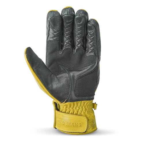 Leather Motorcycle Gloves for Men with Soft Polyester Lining Bike Riding Gloves with Grip Patches on Palm and Accordion Panels on Fingers and Cuff (Large / Diamond Yellow/Black)