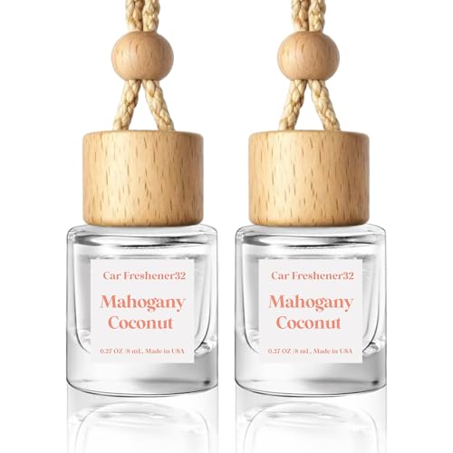 Car Air Freshener Diffuser 2 Pack Hanging Mahogany Coconut Car Air Freshener for Women 45+ Days Long Lasting Fragrance Made in USA
