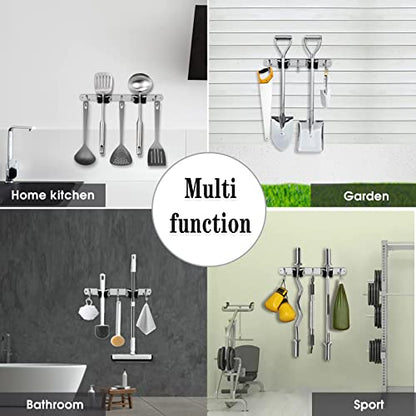Broom Holder Wall Mount (2 Racks & 3 Hooks (Silver) - 1 Pack)