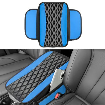 Leather Car Center Console Cover with Side Storage Pockets (Blue)
