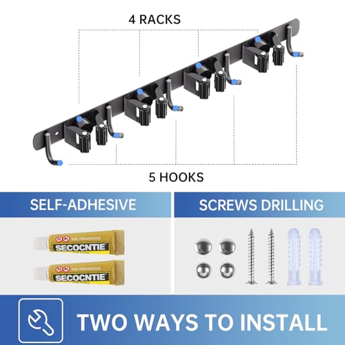 2 Pack Mop Broom Holder Wall Mount 4 Racks 5 Hooks Storage Black (2Pack 4R5H / Black)
