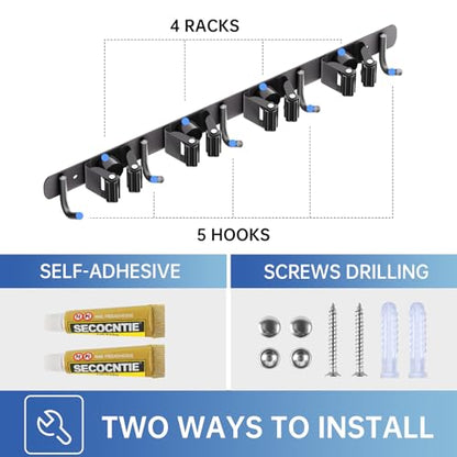 2 Pack Mop Broom Holder Wall Mount 4 Racks 5 Hooks Storage Black (2Pack 4R5H / Black)