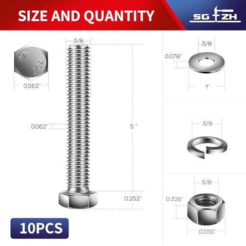 3/8-16 x 5" Hex Head Screw Bolt, Nuts, Flat & Lock Washers, 10Pcs 18-8 (304) Stainless Steel, Fully Threaded, by SG TZH (3/8-16 x 5" / Silver)