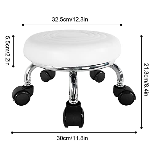 Roller Seat PU Leather Foot Stool Low Rolling Stool 360° Round Step Stool (White)