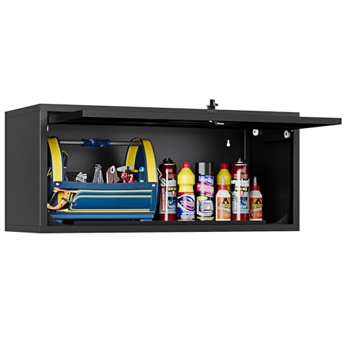 Small Wall Mounted Locking Cabinet Metal Garage Storage Cabinet Hanging Medicine Lockable Steel Utility Floating Tool 14" H Assembly Required Black (Black / 14" Tall)