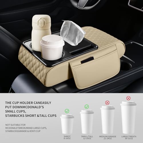 5-in-1 Car Center Console Armrest Cover Pad, Multifunctional Car Arm Rest Organizer with Cup Holder, Tissue Slot & Side Storage Pockets, Soft Leather Auto Armrest Cushion, Beige (Beige)