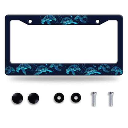 Sea Turtle License Plate Frame Stainless Steel Accessory 12.3"x 6.3" (Funny Turtle Blue Beach Animal)