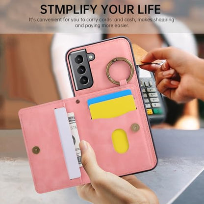 Compatible with Samsung Galaxy S21 5G 6.2 inch Wallet Case and Screen Protector Crossbody Shoulder Strap Ring Buckle Stand Card Holder Magnetic Car Mount Phone Cover for S 21 21S G5 Women Men Pink (Rose Gold / for S21)