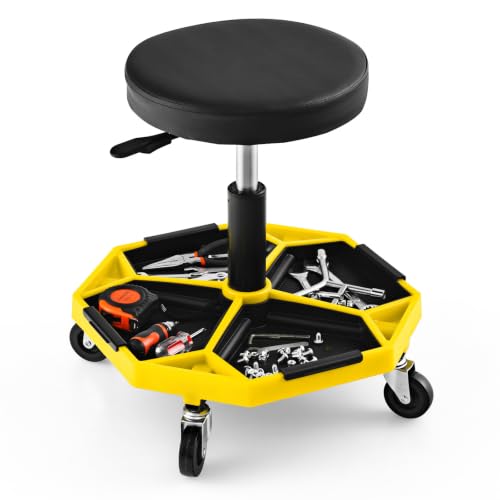 Rolling Mechanic Stool with Removable Tool Tray & Padded Cushion (Bottom Tool Tray / Yellow)