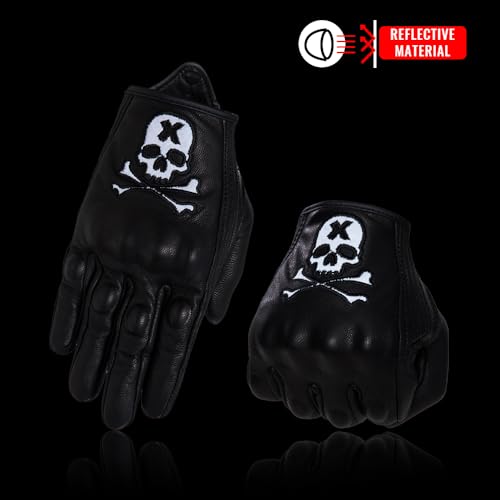 Goatskin Leather Motorcycle Motorbike Powersports Racing Gloves Reflective Skull Touchscreen for Men and Women Model (HEE12 / Large)
