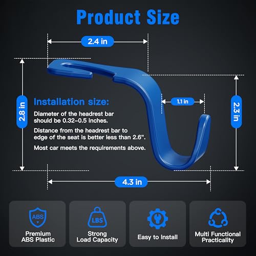 4 Pack Car Headrest Hooks Holds 55lbs Seat Storage Organizer for Bags (Blue)