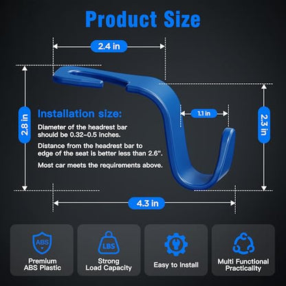 4 Pack Car Headrest Hooks Holds 55lbs Seat Storage Organizer for Bags (Blue)