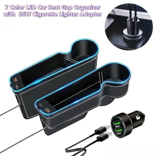 7 Colors LED Car Seat Gap Organizer with 56W Fast Charger 2 Pieces