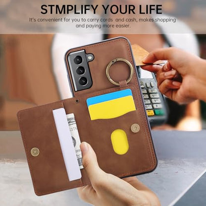 Compatible with Samsung Galaxy S21 5G 6.2 inch Wallet Case and Screen Protector Crossbody Shoulder Strap Ring Buckle Stand Card Holder Magnetic Car Mount Phone Cover for S 21 21S G5 Women Men Brown (Brown / for S21)