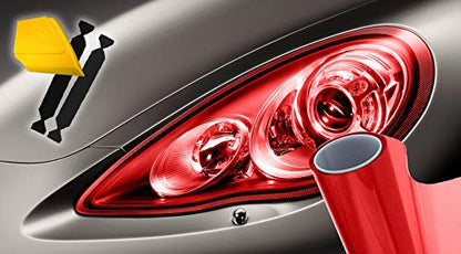 Extra Wide Headlight Taillight Vinyl Wet Tint Wrap 16 Inch x 48 Inch Roll Including Yellow Detailer Squeegee & 2X Black Felt Edge Decals (16" x 48" + toolkit / Red)