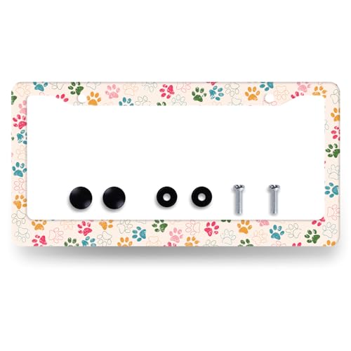 Colorful Dog Paws Stainless Steel Dogs License Plate Frame 12.2 x 6.2 Inch (Colorful Dog Paw Printed)